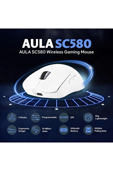 Aula SC580X Süper Hafif Oyun Faresi Üç Modlu 10000 DPI Şarj Edilebilir Kablosuz Mouse