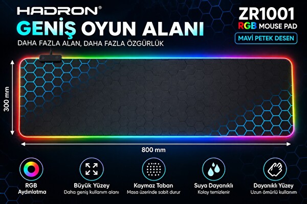 Hadron ZR1001 Mavi Petek Desenli RGB Ledli Mouse Pad 300 x 800 MM
