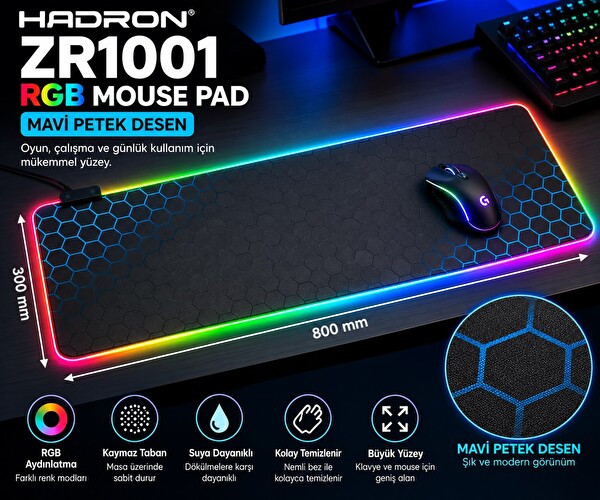 Hadron ZR1001 Mavi Petek Desenli RGB Ledli Mouse Pad 300 x 800 MM