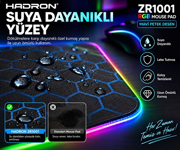 Hadron ZR1001 Mavi Petek Desenli RGB Ledli Mouse Pad 300 x 800 MM