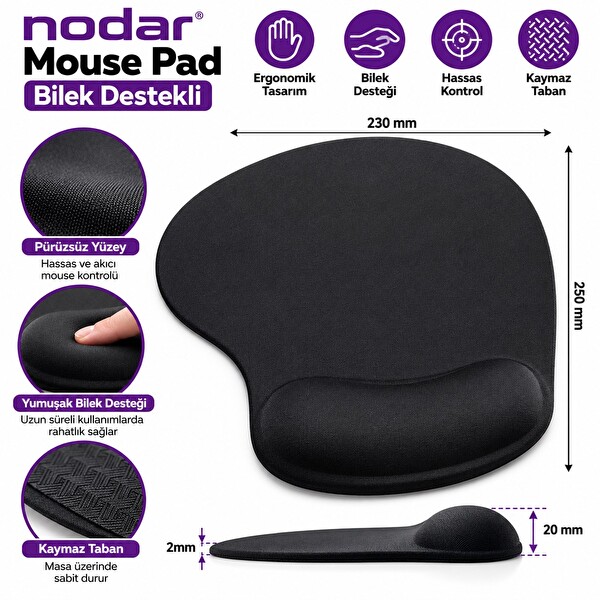 Nodar ND1501S Jel Bilek Destekli Mouse Pad 190 x 230 MM Siyah