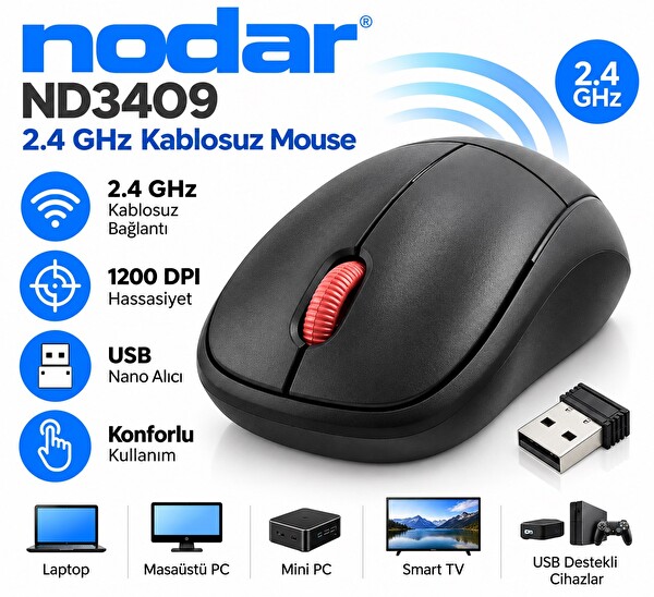 Nodar ND3409 2.4 GHz 1200 DPI Kablosuz Mouse Siyah
