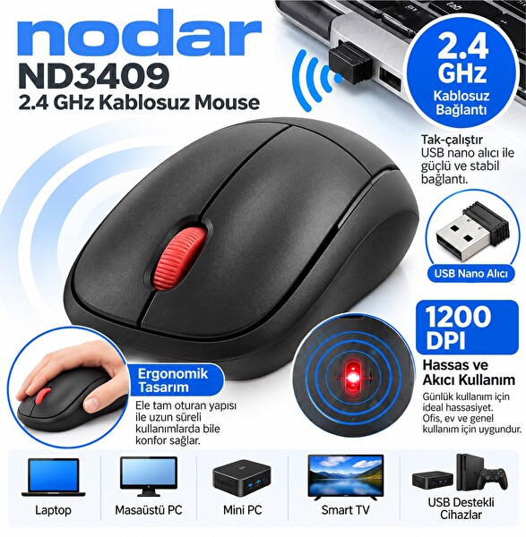 Nodar ND3409 2.4 GHz 1200 DPI Kablosuz Mouse Siyah