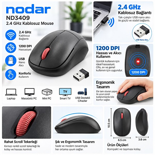Nodar ND3409 2.4 GHz 1200 DPI Kablosuz Mouse Siyah