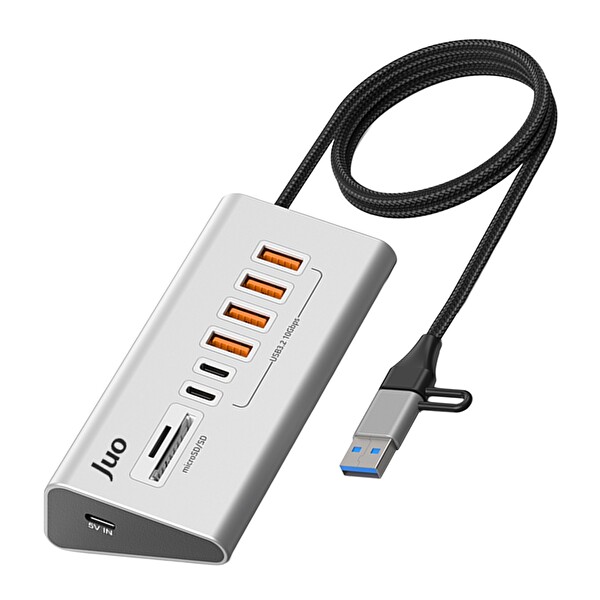 Juo JH432 Type-C ve USB-A 8 Portlu 4xUSB-A 2xType-C 10Gbps USB Hub Çoklayıcı SD - MicroSD Kart Okuyucu Dönüştürücü Hub