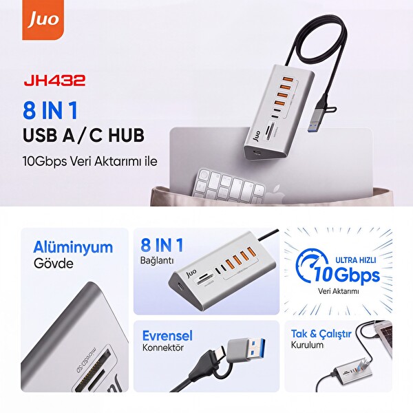 Juo JH432 Type-C ve USB-A 8 Portlu 4xUSB-A 2xType-C 10Gbps USB Hub Çoklayıcı SD - MicroSD Kart Okuyucu Dönüştürücü Hub