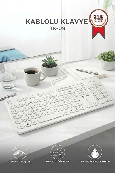Torima TK09 Retro Daktilo Görünümlü Q Kablolu Klavye Beyaz