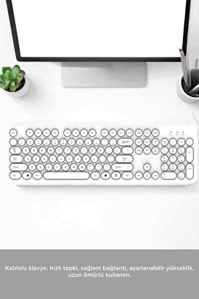 Torima TK09 Retro Daktilo Görünümlü Q Kablolu Klavye Beyaz