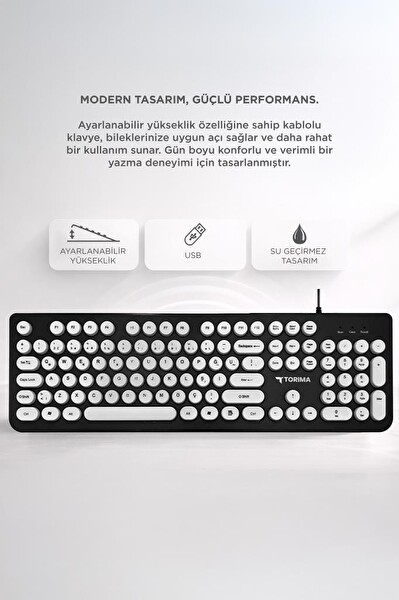 Torima TK09 Retro Daktilo Görünümlü Q Kablolu Klavye Siyah Beyaz