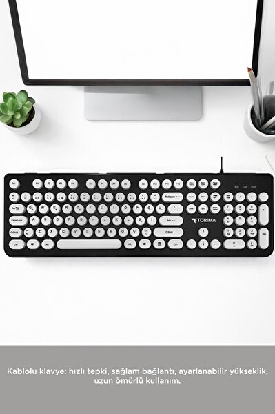 Torima TK09 Retro Daktilo Görünümlü Q Kablolu Klavye Siyah Beyaz