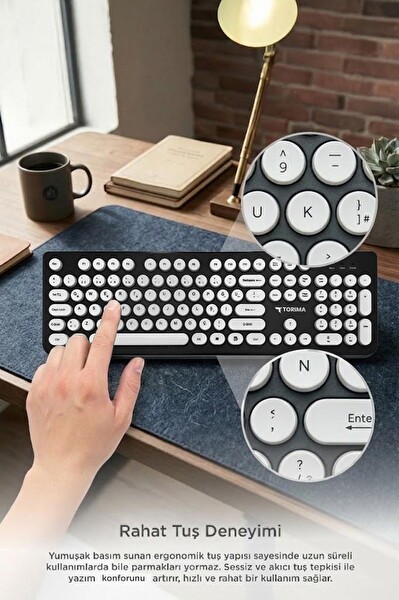 Torima TK09 Retro Daktilo Görünümlü Q Kablolu Klavye Siyah Beyaz
