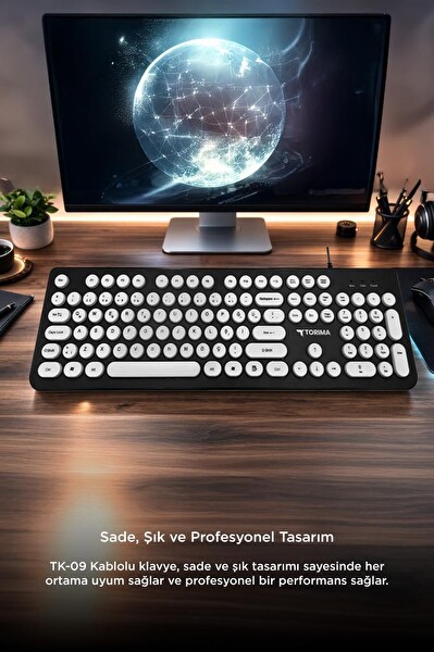 Torima TK09 Retro Daktilo Görünümlü Q Kablolu Klavye Siyah Beyaz