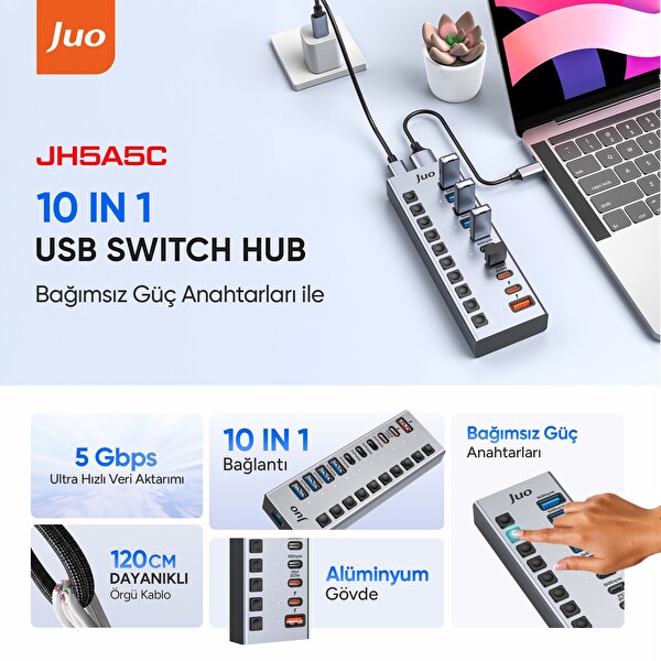 Juo USB-A 10 Portlu Anahtarlı 5xUSB-A 5xType-C 5Gbps PD Hızlı Şarj Destekli USB 3.1 Çoklayıcı Dönüştürücü Hub