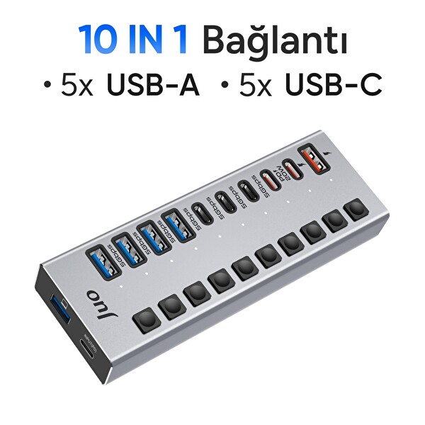 Juo USB-A 10 Portlu Anahtarlı 5xUSB-A 5xType-C 5Gbps PD Hızlı Şarj Destekli USB 3.1 Çoklayıcı Dönüştürücü Hub