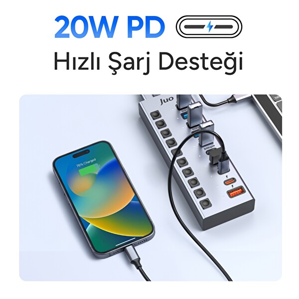 Juo USB-A 10 Portlu Anahtarlı 5xUSB-A 5xType-C 5Gbps PD Hızlı Şarj Destekli USB 3.1 Çoklayıcı Dönüştürücü Hub