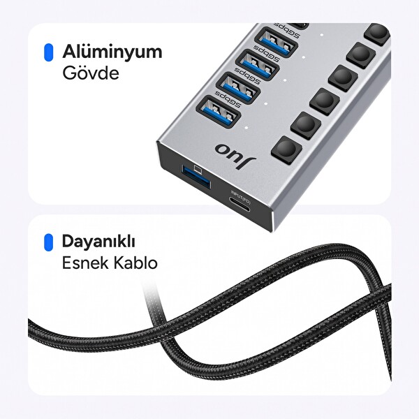 Juo USB-A 10 Portlu Anahtarlı 5xUSB-A 5xType-C 5Gbps PD Hızlı Şarj Destekli USB 3.1 Çoklayıcı Dönüştürücü Hub