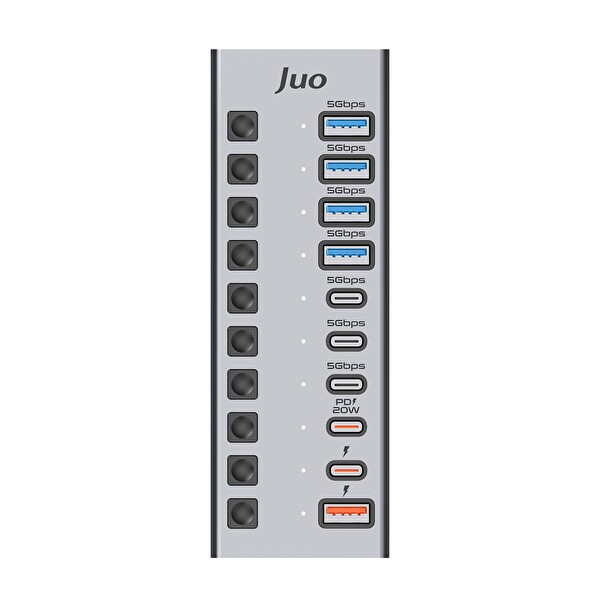 Juo USB-A 10 Portlu Anahtarlı 5xUSB-A 5xType-C 5Gbps PD Hızlı Şarj Destekli USB 3.1 Çoklayıcı Dönüştürücü Hub