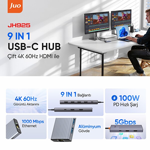 Juo Type-C 9 Portlu Dual 4K 60Hz HDMI MST Gigabit Ethernet Dönüştürücü 100W PD 4xUSB 3.2 Çoklayıcı Hub