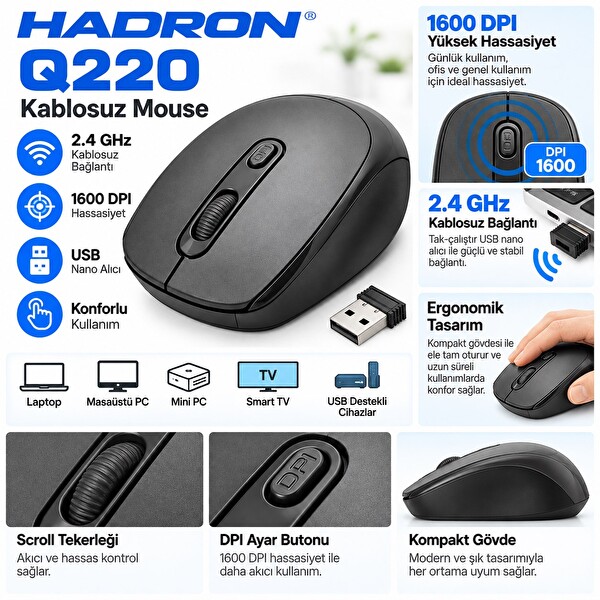 Hadron Q220 1600 Dpi Siyah Kablosuz Mouse
