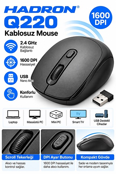 Hadron Q220 1600 Dpi Siyah Kablosuz Mouse