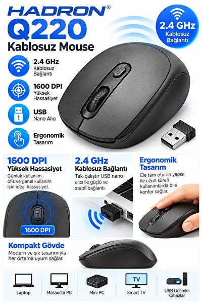 Hadron Q220 1600 Dpi Siyah Kablosuz Mouse