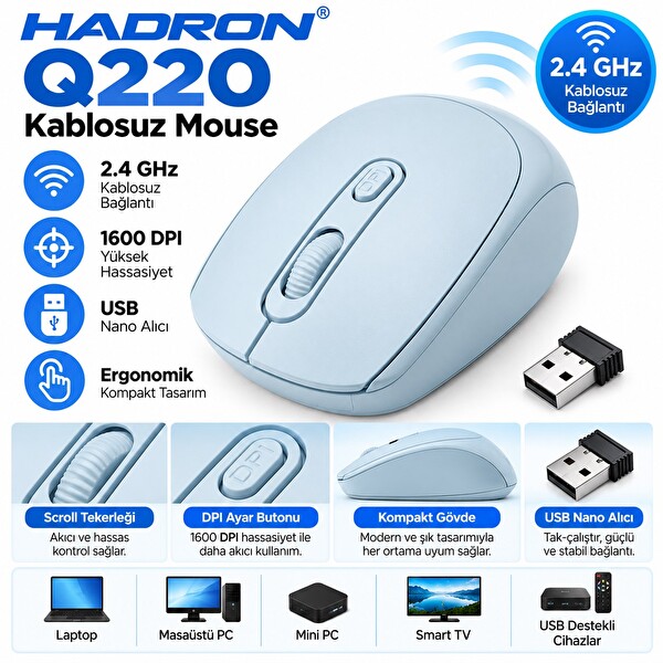 Hadron Q220B 1600 Dpi Mavi Kablosuz Mouse