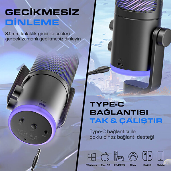 Fifine Ampligame AM6 USB RGB Oyuncu Yayıncı Bilgisayar Mikrofonu