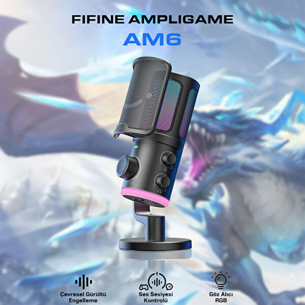 Fifine Ampligame AM6 USB RGB Oyuncu Yayıncı Bilgisayar Mikrofonu