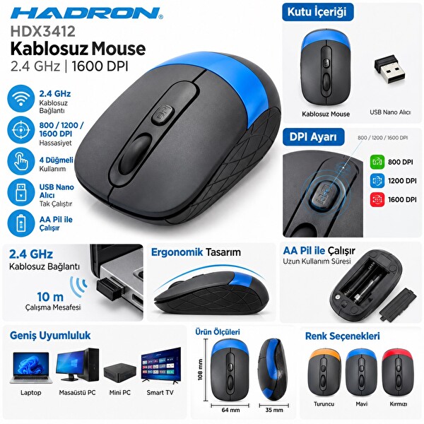Hadron HDX3412 2.4 GHz 1600 Dpi Kablosuz Mouse