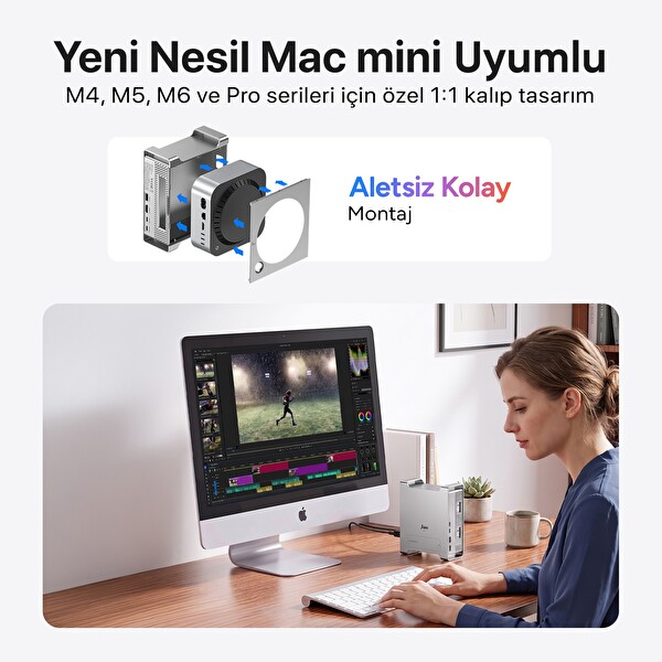 Juo Mac Mini M6, M5 Pro, M4 için Dock Station NVMe SSD Kutusu USB Çoklayıcı Hub 10Gbps 4K 60Hz HDMI SD/TF 4.0 Kart Okuyucu 100W PD