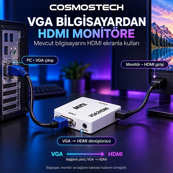 Cosmostech CS-1453 VGA to HDMI Görüntü Dönüştürücü Adaptör (İthalatçı Garantili)