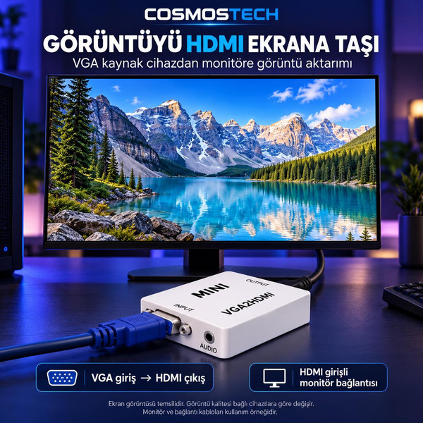 Cosmostech CS-1453 VGA to HDMI Görüntü Dönüştürücü Adaptör (İthalatçı Garantili)