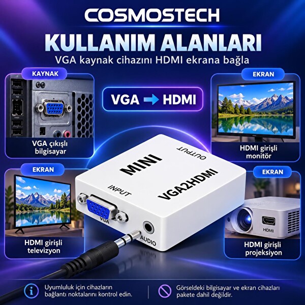 Cosmostech CS-1453 VGA to HDMI Görüntü Dönüştürücü Adaptör (İthalatçı Garantili)