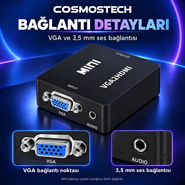 Cosmostech CS-1452 HDMI to VGA Görüntü Dönüştürücü Adaptör Siyah (İthalatçı Garantili)