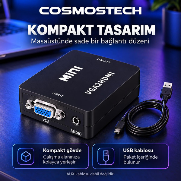 Cosmostech CS-1452 HDMI to VGA Görüntü Dönüştürücü Adaptör Siyah (İthalatçı Garantili)