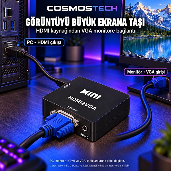Cosmostech CS-1452 HDMI to VGA Görüntü Dönüştürücü Adaptör Siyah (İthalatçı Garantili)