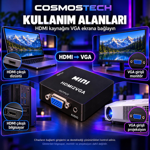 Cosmostech CS-1452 HDMI to VGA Görüntü Dönüştürücü Adaptör Siyah (İthalatçı Garantili)