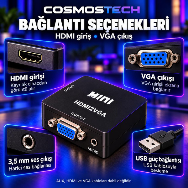 Cosmostech CS-1452 HDMI to VGA Görüntü Dönüştürücü Adaptör Siyah (İthalatçı Garantili)
