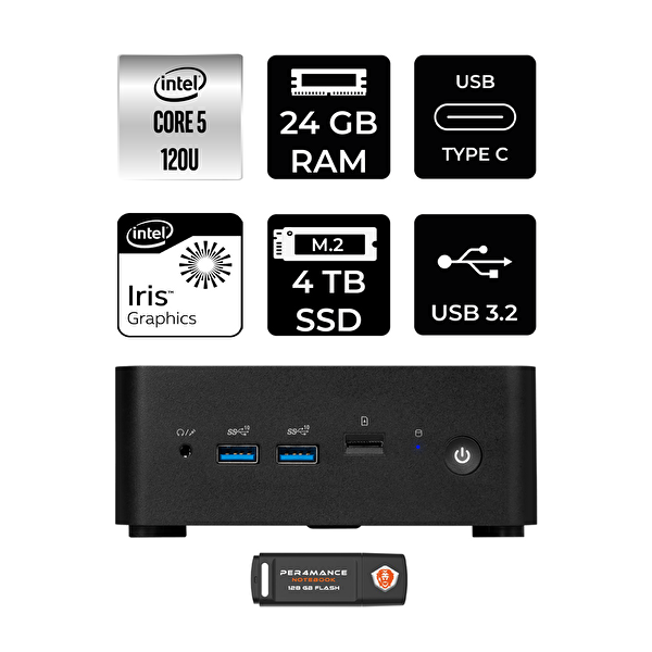 MSI Cubi NUC 1M013BEUP355 Intel Core 5 120U 24 GB RAM 4 TB SSD W11H Mini Masaüstü Bilgisayar - PER4 USB Bellek