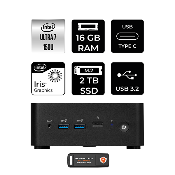 MSI Cubi NUC 1M012BEUP349 Intel Core 7 150U 16 GB RAM 2 TB SSD W11H Mini Masaüstü Bilgisayar - PER4 USB Bellek