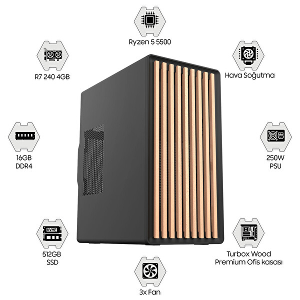 Turbox Tx8344 Ryzen 5 5500 16 GB DDR4 Ram 512 GB SSD 4 GB R7 240 FreeDOS Oem Paket