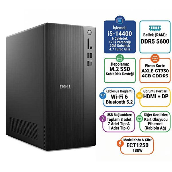 Dell Tower ECT1250 Intel Core i5 14400 16GB 512GB SSD 4 GB GT730 Ubuntu Masaüstü Bilgisayar ECT1250_RPLSR003_U 016