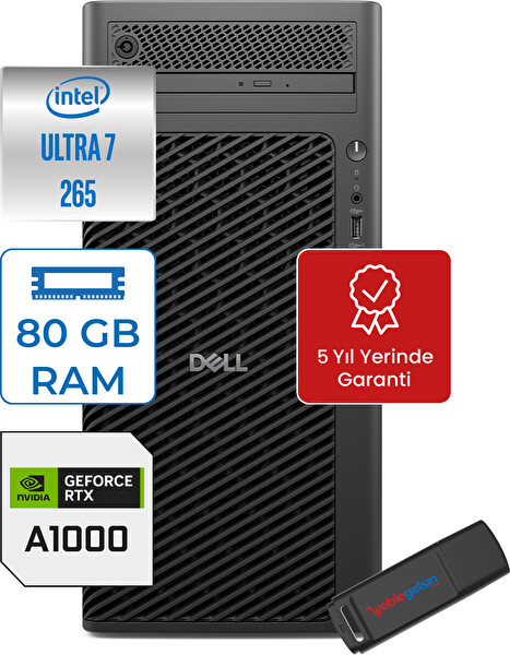 Dell Pro Max Tower T2 Ultra 7 265 80 GB 1 TB SSD 8GB-A1000 W11 Pro Masaüstü Iş Istasyonu FCT22502A1000P22 + Zettausb