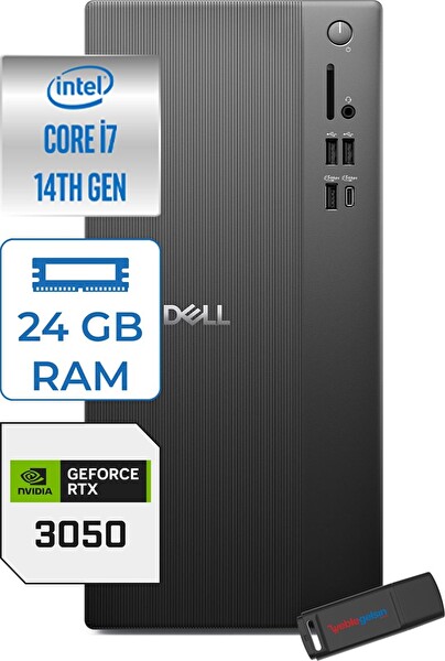 Dell Tower ECT1250 Intel Core i7-14700 24 GB 1 TB SSD 6 GB RTX3050 FreeDOS Mini Tower RPLSR00723F08+ZETTAUSBBELLEK