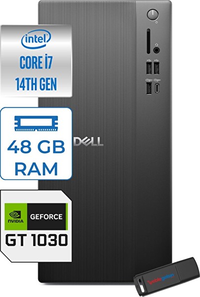Dell Tower ECT1250 Intel Core i7-14700 48 GB RAM 1 TB SSD 4 GB GT1030 FreeDOS Mini Tower RPLSR00721F18+ZETTAUSBBELLEK
