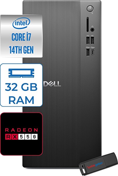 Dell Tower ECT1250 Core i7-14700 32 GB RAM 512 GB SSD 4 GB-RX550 W11Pro Mini Tower RPLSR00727P12 - Zetta USB Bellek