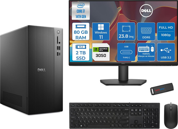 Dell Tower ECT1250 i7-14700 80 GB 2 TB SSD 6 GB RTX3050 W11Pro - 23.8