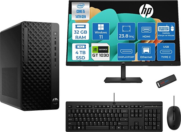 HP Prodesk 2 G1I Intel I5 14400 4,7 Ghz 32 GB 4 TB SSD 4 GB GT1030 W11Pro + 23.8 FHD Monitör 24B70VQAT21P15 - Zetta USB