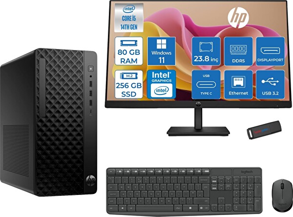 HP Prodesk 2 Tower G1I Intel I5 14500 80 GB 256 GB SSD 770 W11Home +23.8 100HZ Monitör 24B6YE4ETH26 - Zetta USB Bellek