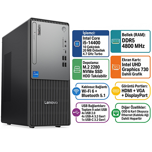Lenovo ThinkCentre Neo 50T Gen 5 i5-14400 32 GB RAM 512 GB SSD W11Pro Masaüstü Bilgisayar 12UD002CTR 009